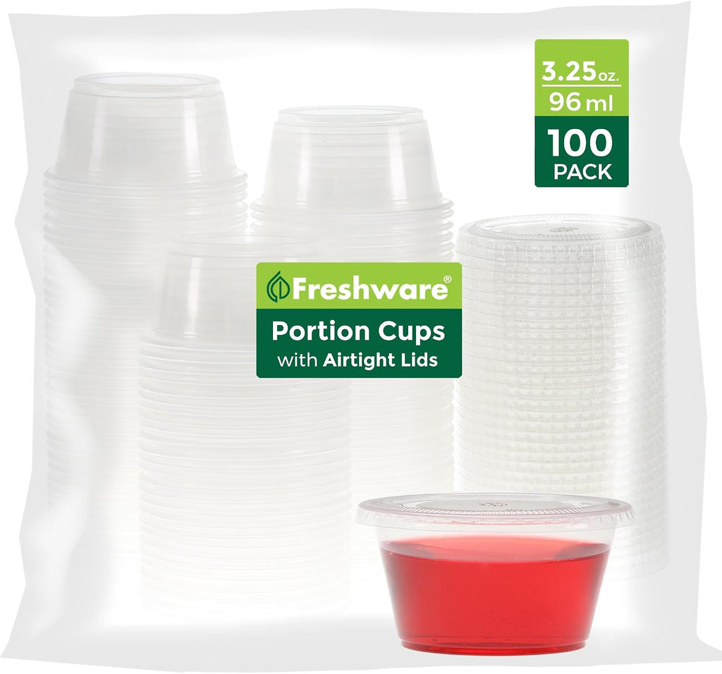 Plastic Portion Cups with Lids [3.25 Ounce, 100 Sets] Disposable Plastic Cups for Meal Prep, Salad Dressing, Jellos