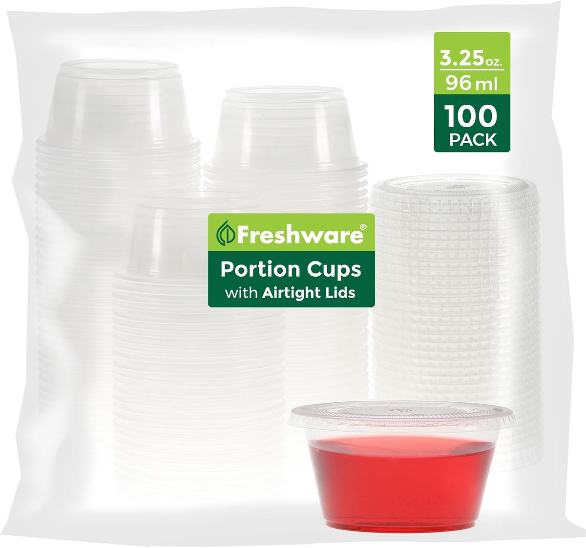 Plastic Portion Cups with Lids [3.25 Ounce, 100 Sets] Disposable Plastic Cups for Meal Prep, Salad Dressing, Jellos