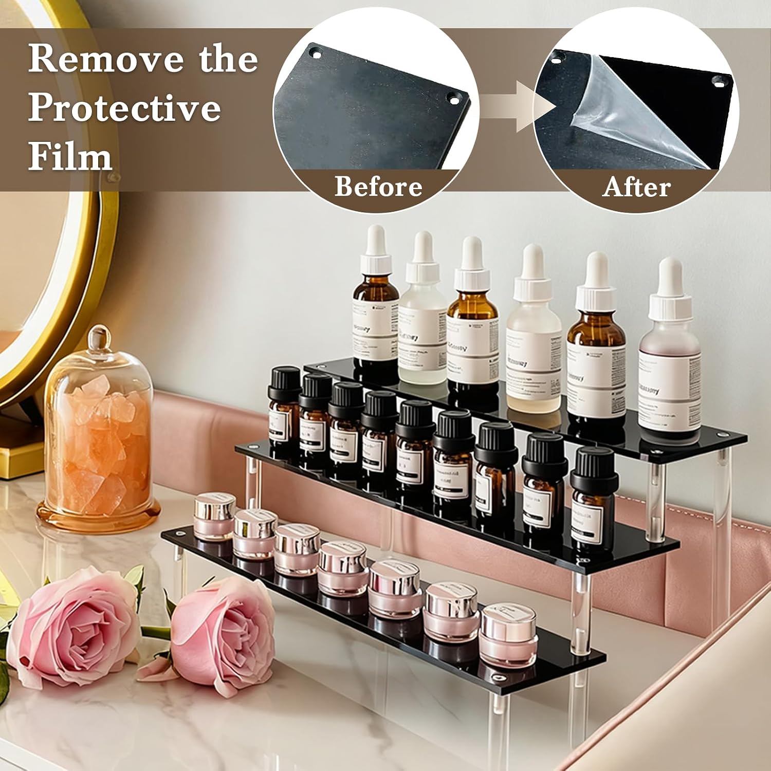 Acrylic Display Riser, Black Perfume Organizer, 3 Tier Cupcake Stand | Acrylic Shelves for Figures and Cologne, Shelf