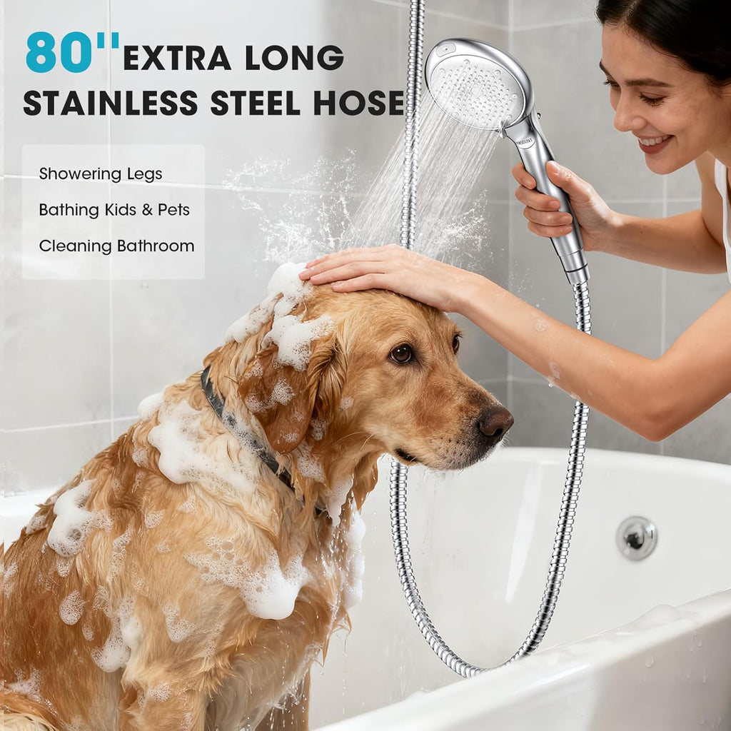 Filtered Shower Head with Handheld, High Pressure 8 Sprays, Chrome | 80" Long Stainless Hose, Built-in Power Wash