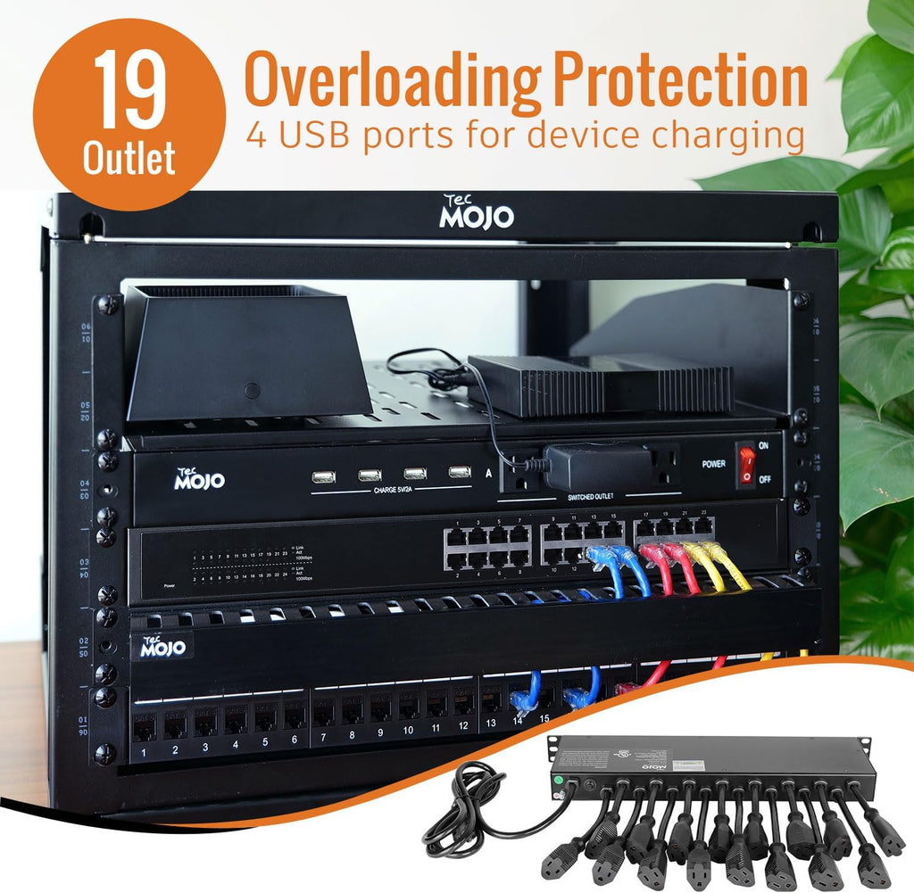 1U Rack Mount 19 Outlet PDU Power Distribution Unit Circuit Breaker fits 19-inch AV/Network/Server