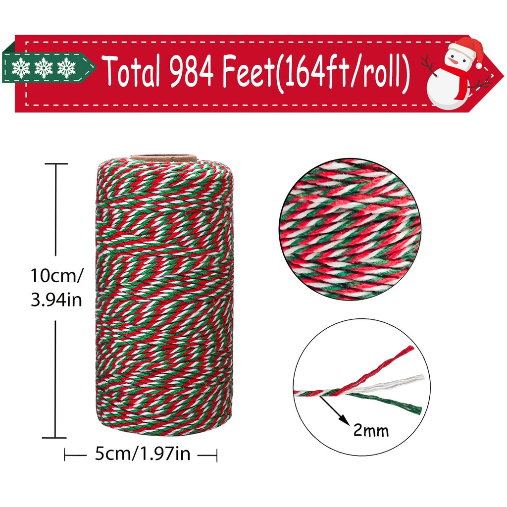 6 Rolls Christmas Cotton Twine 984 Feet Xmas Bakers Cotton String Rope Red Green White Gift Wrapping Cord Natural