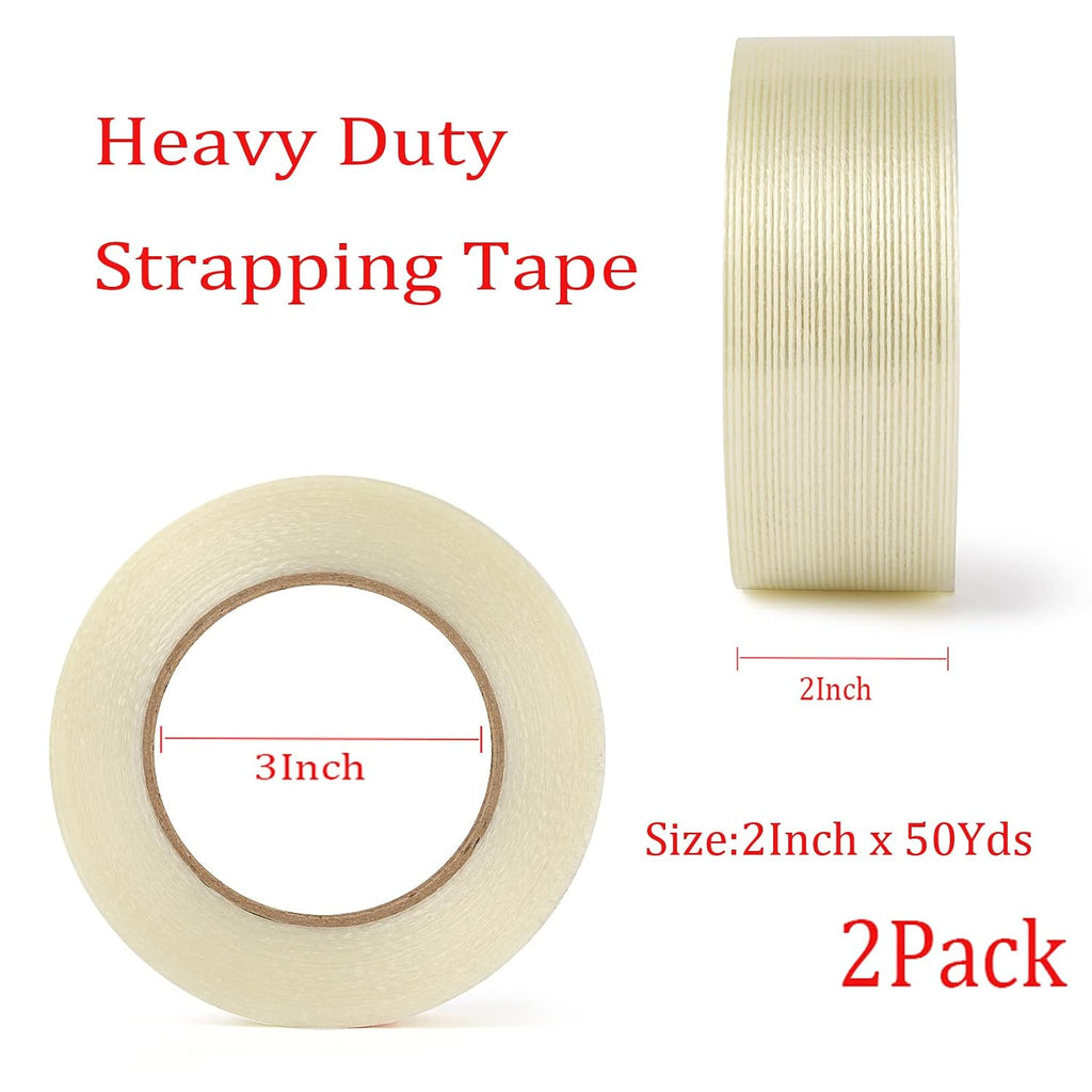Strapping Tape Total 100yds, 5.5Mil x 2in x 50yds Strapping Tape 2 inch Heavy Duty Strong Tape Fiberglass Reinforced