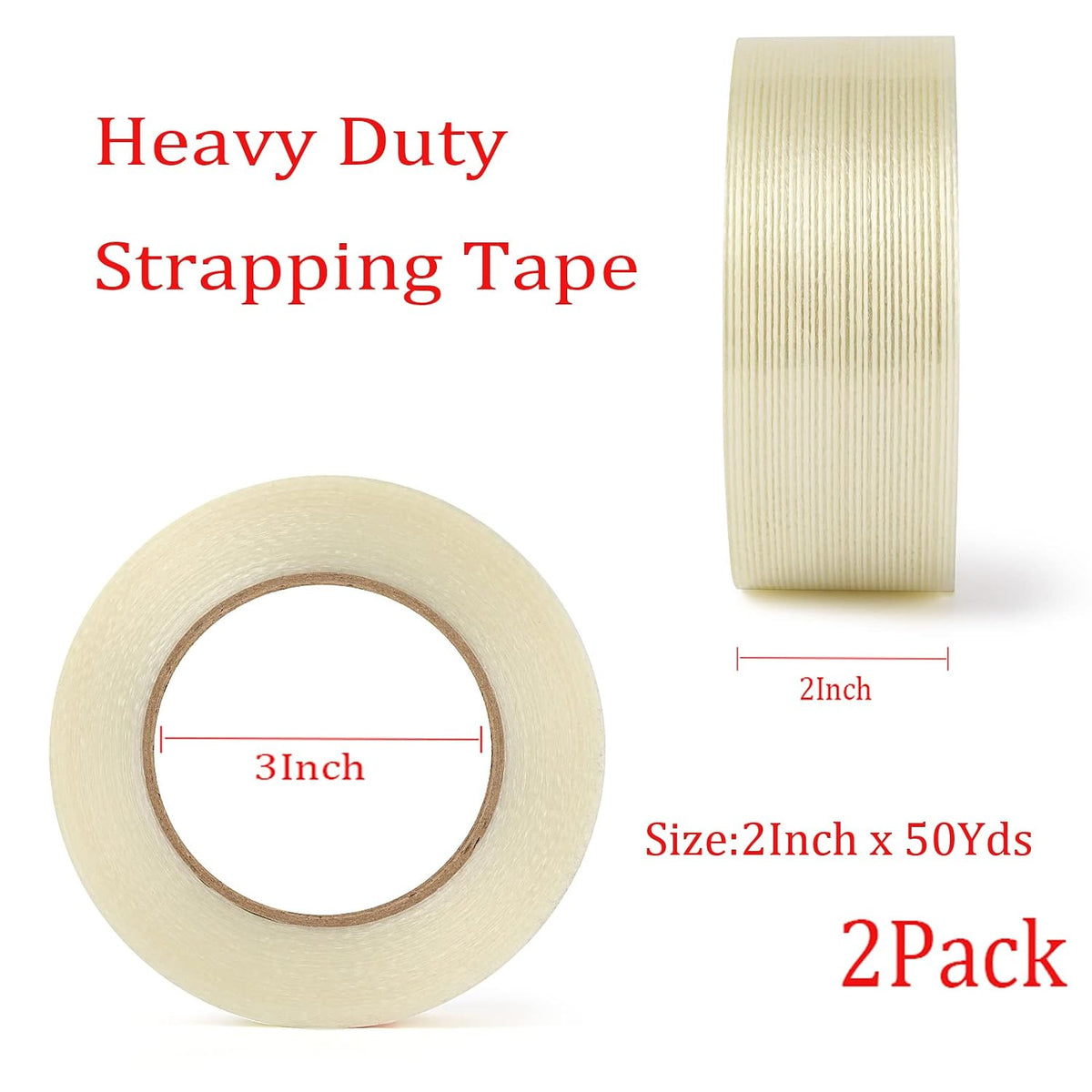 Strapping Tape Total 100yds, 5.5Mil x 2in x 50yds Strapping Tape 2 inch Heavy Duty Strong Tape Fiberglass Reinforced