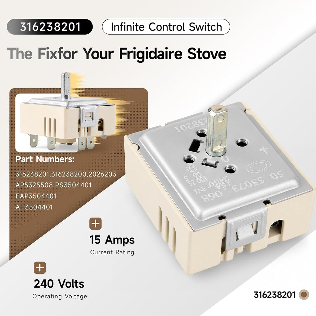 316238201 316238200 AP5325508 Infinite Switch for Frigidaire Electrolux Range Stove Cooktop, Dual Surface Element Burner Control Replacement Part