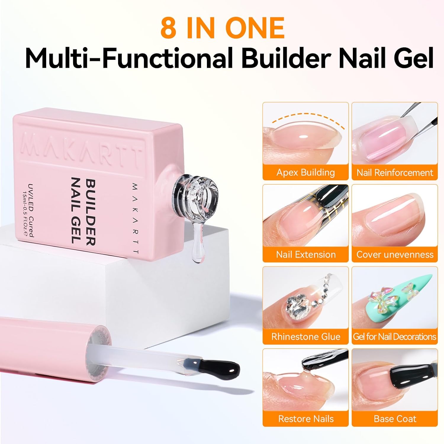 Builder Nail Gel with Top Coat Base Coat Kit 3 PCS 15ml | Long Lasting Diamond-Shine Finish No Wipe Clear Gel Polish