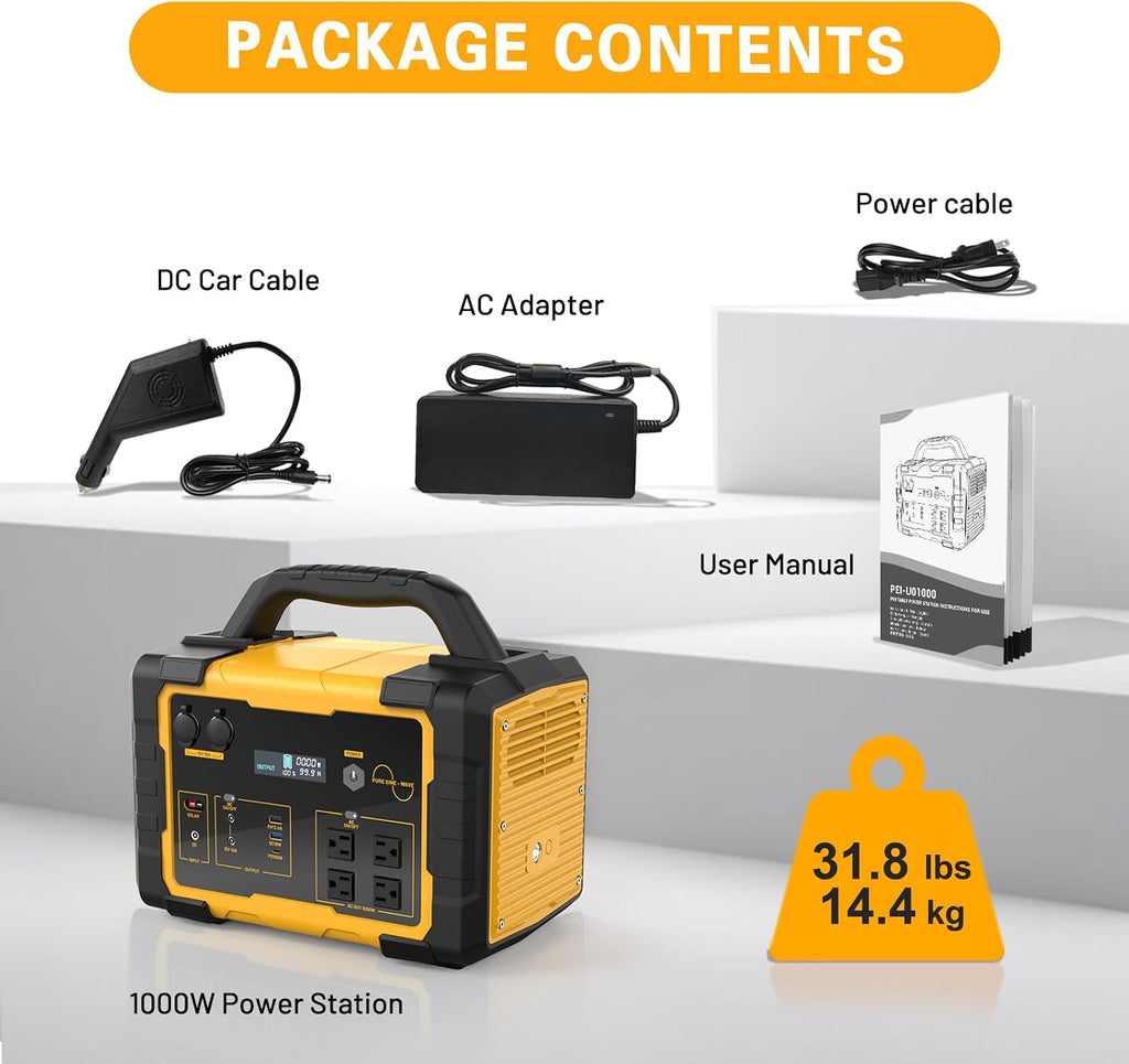 1000W Portable Power Station 1024Wh LiFePO4 for Outdoor & Home | Solar Generator (2000W Peak) Backup Battery, 60W
