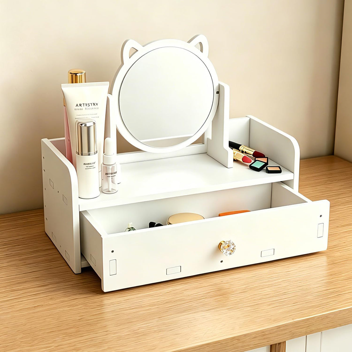 Cat Ear Vanity Mirror, Desktop Makeup Mirror with Drawer, Multipurpose Cosmetic Box, Plastic Cosmetic Storage