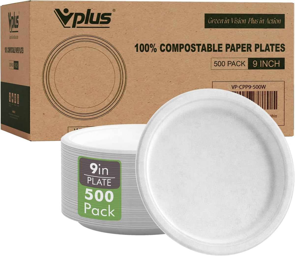 500 Pack Compostable Bagasse Paper Plates 9 inch, White