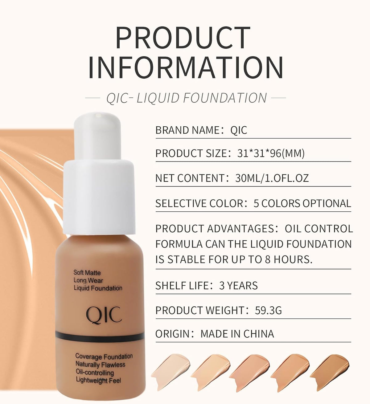 QIC Waterproof Matte Concealer BB Liquid Foundation Cream - Oil Control Hydrating Foundation（102# Nude）