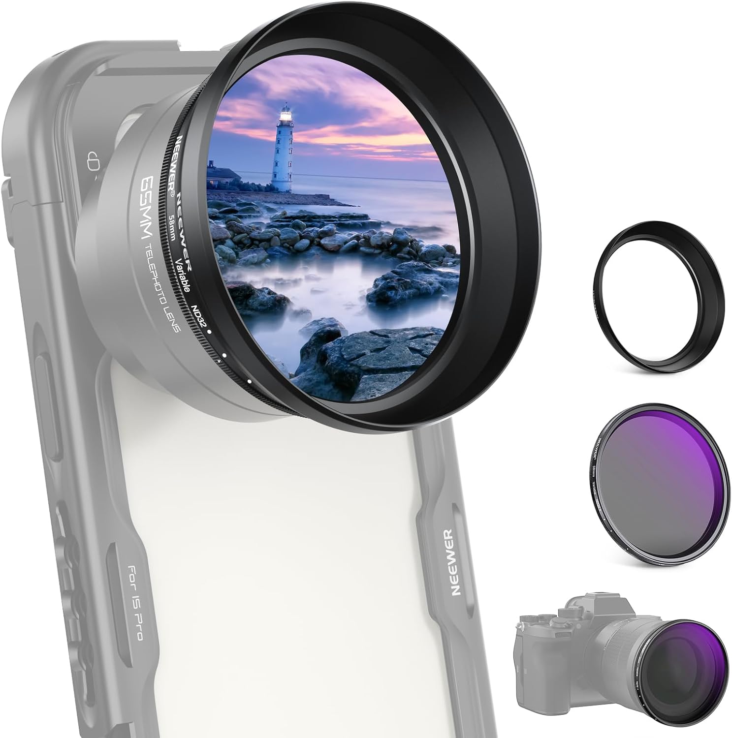 58mm Variable ND Filter with 62mm Lens Hood, ND2-32 Adjustable Neutral Density Filter Compatible with iPhone Android