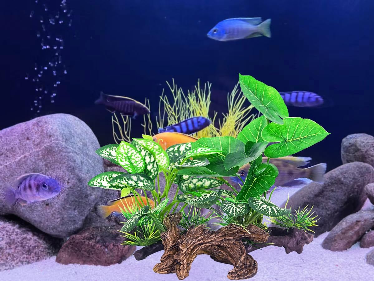 Fish Tank Decorations Aquarium Ornaments 3pcs Betta Silk Leaf Plants Artificial Driftwood Cave Aquarium Plants