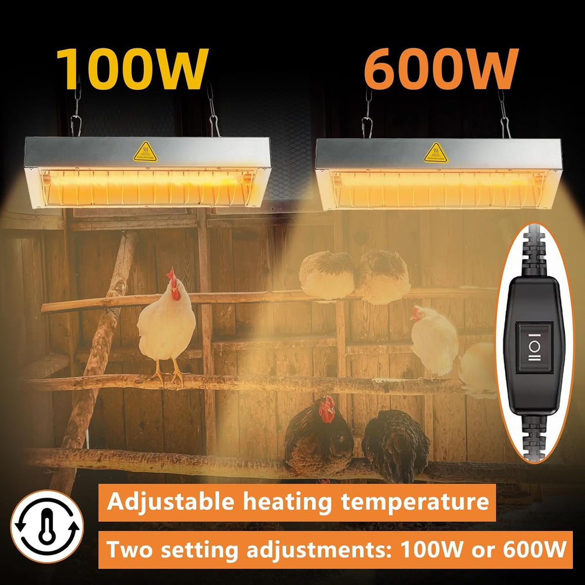 Chicken Coop Heater for Winter, Heat Lamp for Chickens 600W, Chicken Heater for Coop with 2 Heating Settings