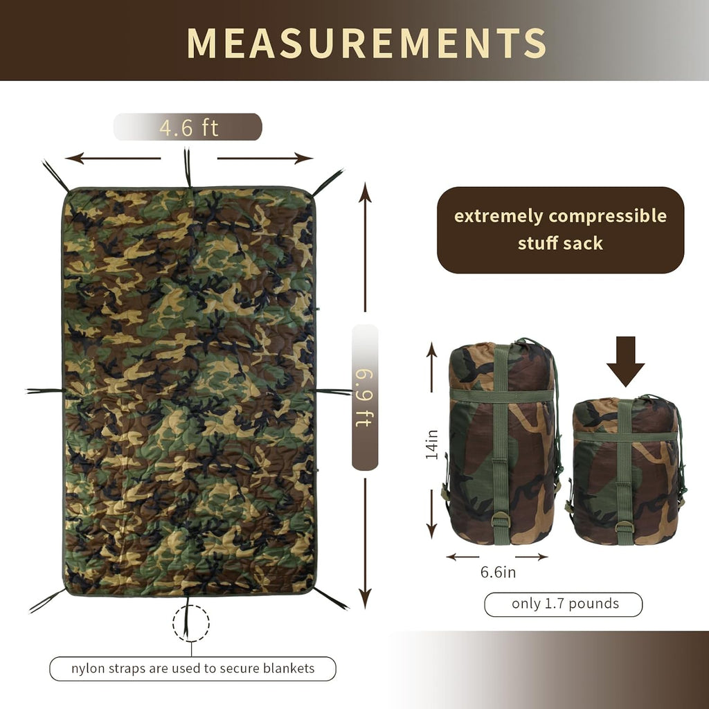 Military Blanket - Camping Sleeping Bag with Zipper, Poncho Liner Thermal Insulated Blanket, Lightweight Portable