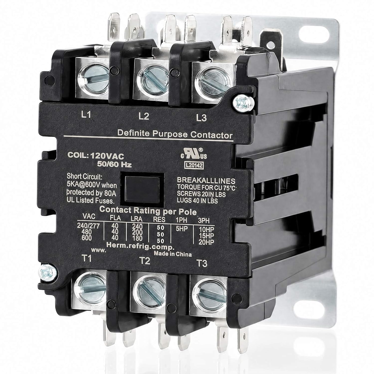 3 Pole 40 Amp Contactor 120VAC Coil, Air Conditioner Condenser Compressor Motor Magnetic Contactor, UL HVAC Definite