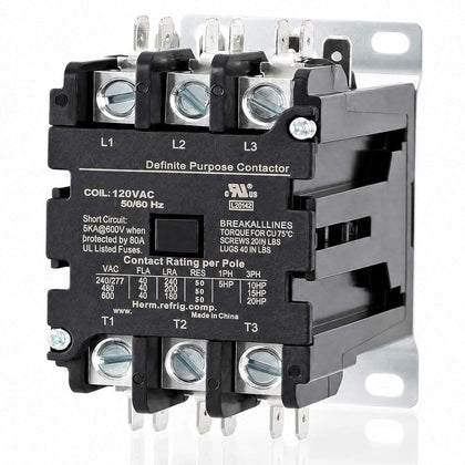 3 Pole 40 Amp Contactor 120VAC Coil, Air Conditioner Condenser Compressor Motor Magnetic Contactor, UL HVAC Definite
