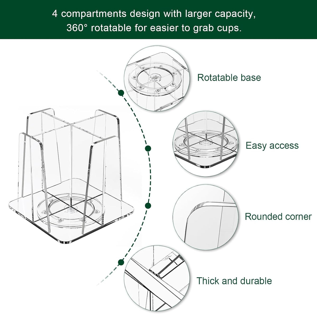 Coffee Cup Organizer for Countertop - Rotating Plastic Cup Holder 4 Compartments Clear Acrylic Cup and Lid Holder for