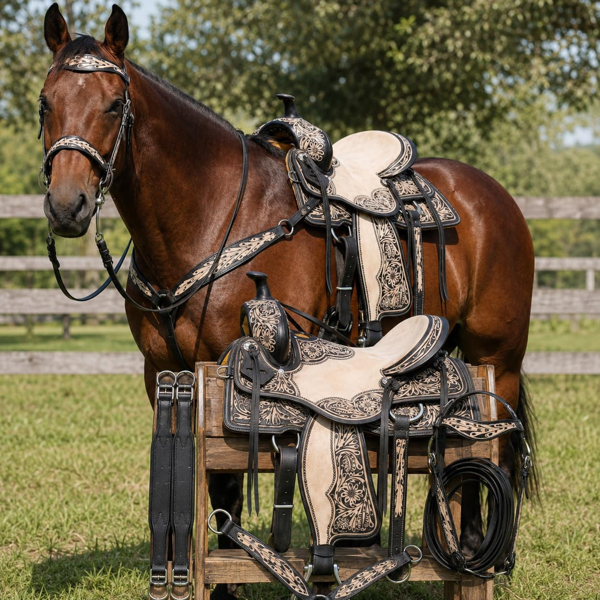Hand Tooled Western Horse Saddle with Tack Set Genuine Leather Trail Ranch Barrel Racing Saddle Floral Carved 15-18 Inch