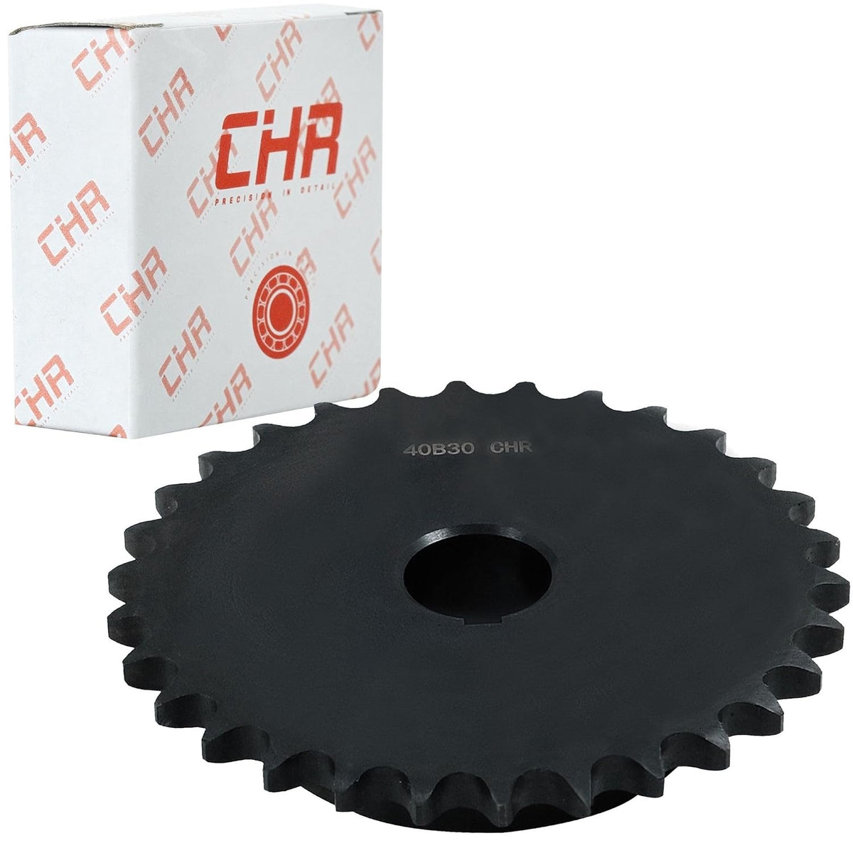 CHR #40 Roller Chain Sprocket, 30 Tooth, 1/2" (12.7mm) Pitch, 1" (25.4mm) Bore, 1/4" (6.38mm) Keyway, Carbon Steel, B-Type Hub, 5.04" (128mm) OD - ISO 9001-2000 Certified