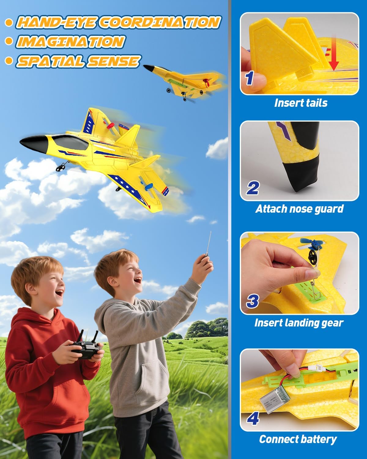 F22 RC Plane Easy to Fly Foam Jet Toy Gift for Kids Beginner, Yellow | 2.4GHz, 2CH, Gyro Stabilizer, LED Light, 2