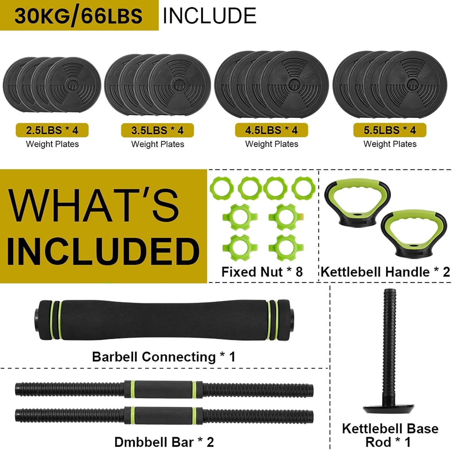 4-in-1 Adjustable Dumbbell Set, 30/44/66/88 Lbs Free Weights Set with Connector, Fitness Exercise Equipment Used As