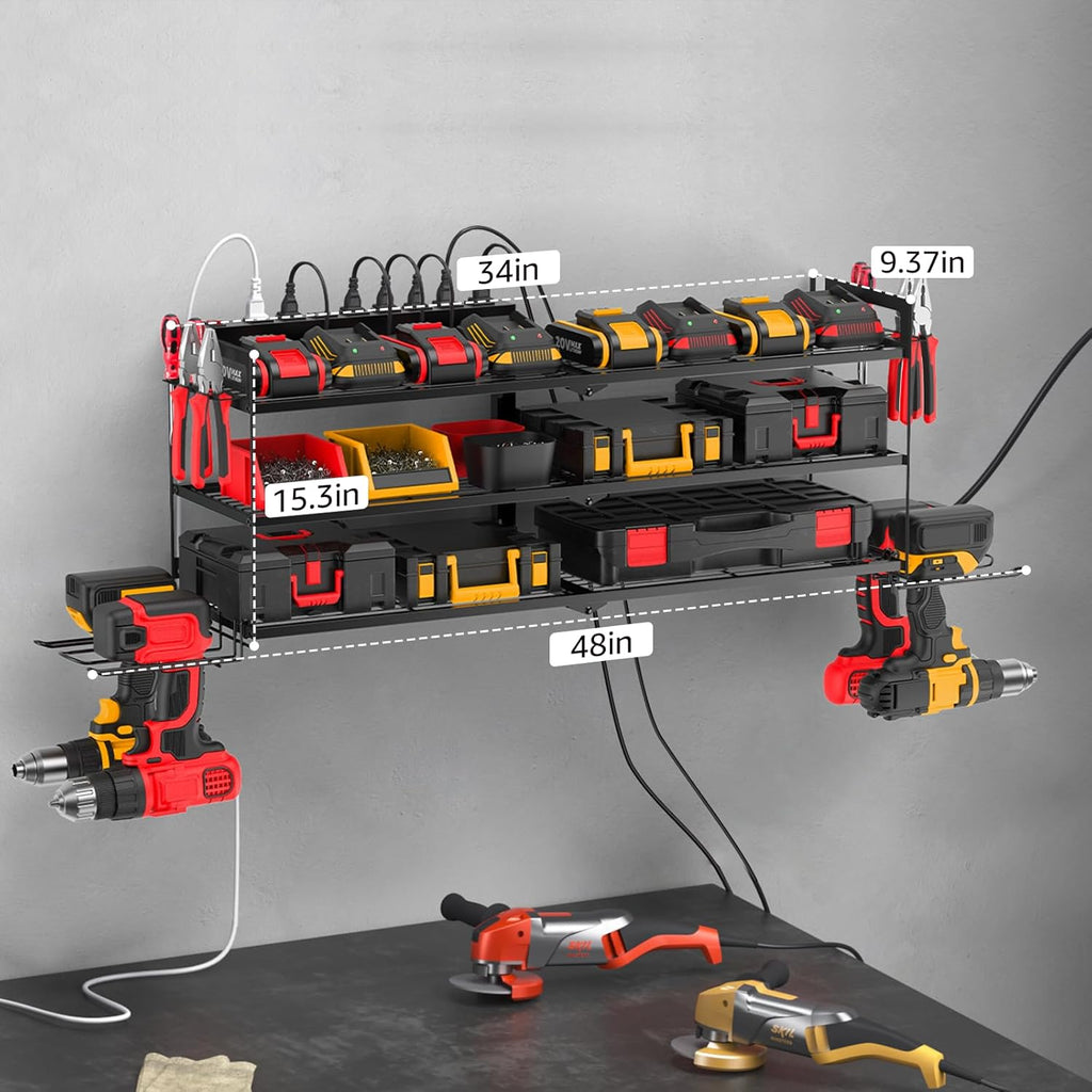 Large Garage Tools Storage with Charging Station. Power Tool Battery Organizer Utility Shelf with Power Strip. 4