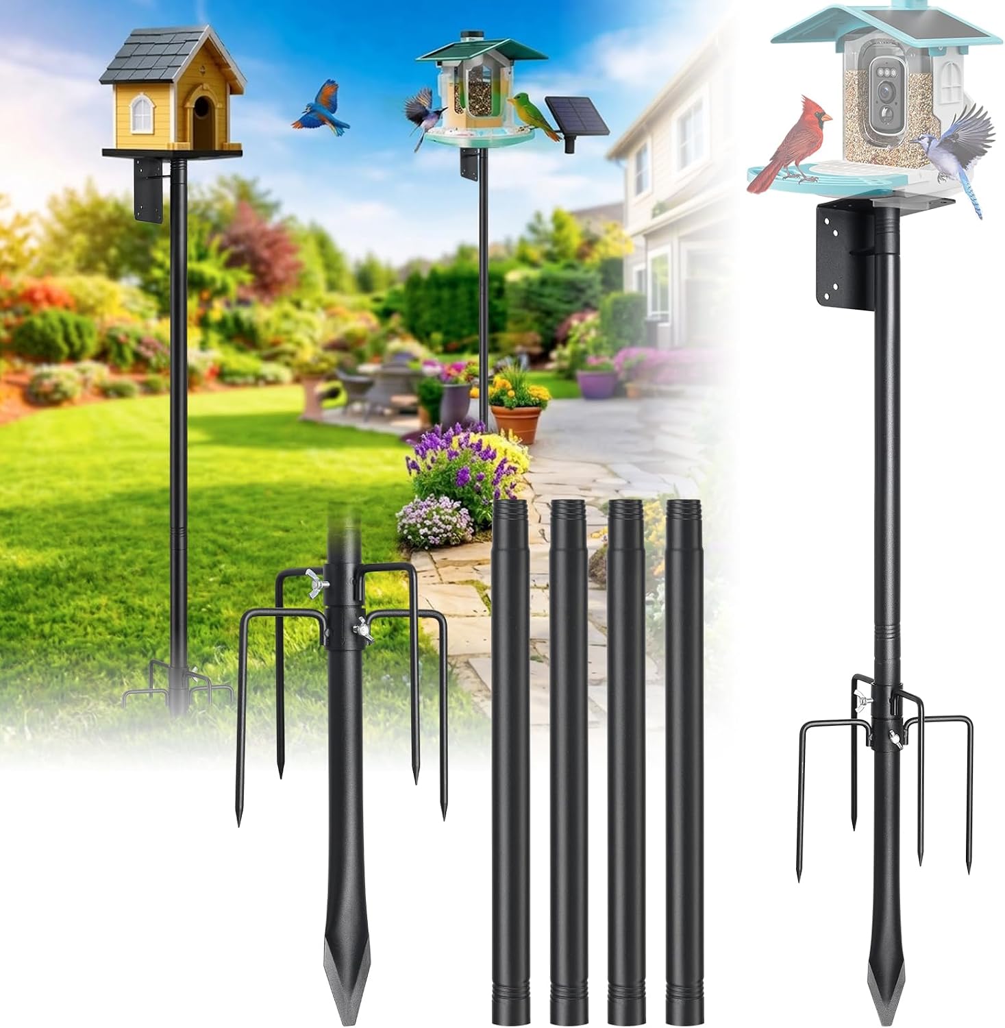 Heavy Duty Bird Feeder Pole - 103" Extra Tall Bird House Stand Outdoor, Anti-Tip Stakes & Stable Mount for Smart