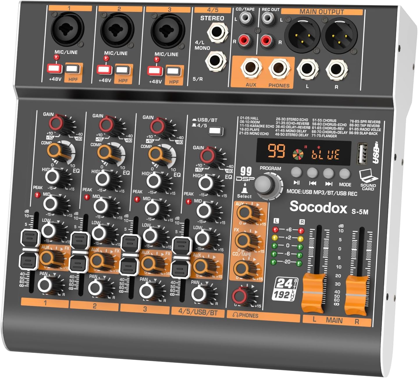 5 Channel Audio Mixer with Bluetooth & 99 DSP Effects for Streaming | 48V Phantom, 3-Band EQ, USB Rec, Stereo Inputs