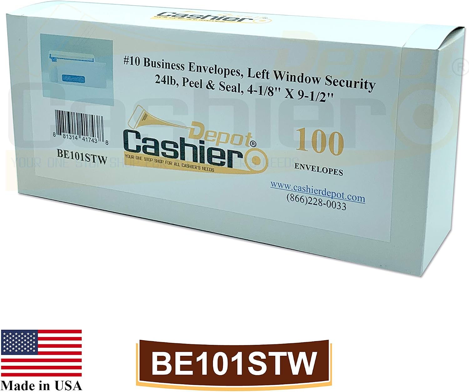 100 Cashier Depot - #10 Business Envelopes with Left Window, 4 1/8 x 9 1/2 Inches, 24lb White Wove, Security Tinted