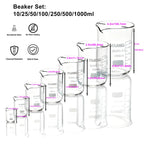 Glass Beaker Set, 7 Sizes 10-1000 mL