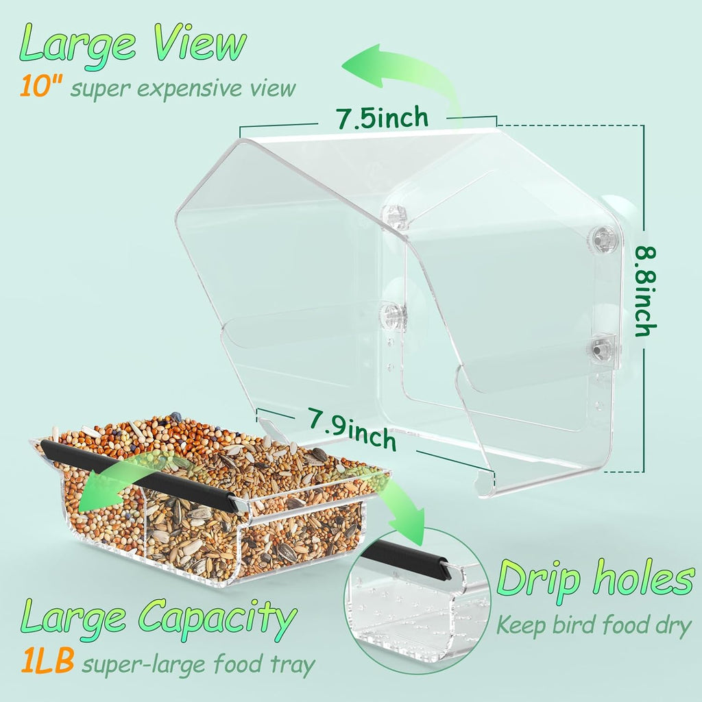 Window Bird Feeder with Strong Suction Cups, Large View Clear Feeder, Seed Tray, 13in x 5.5in x 4.2in for Outside