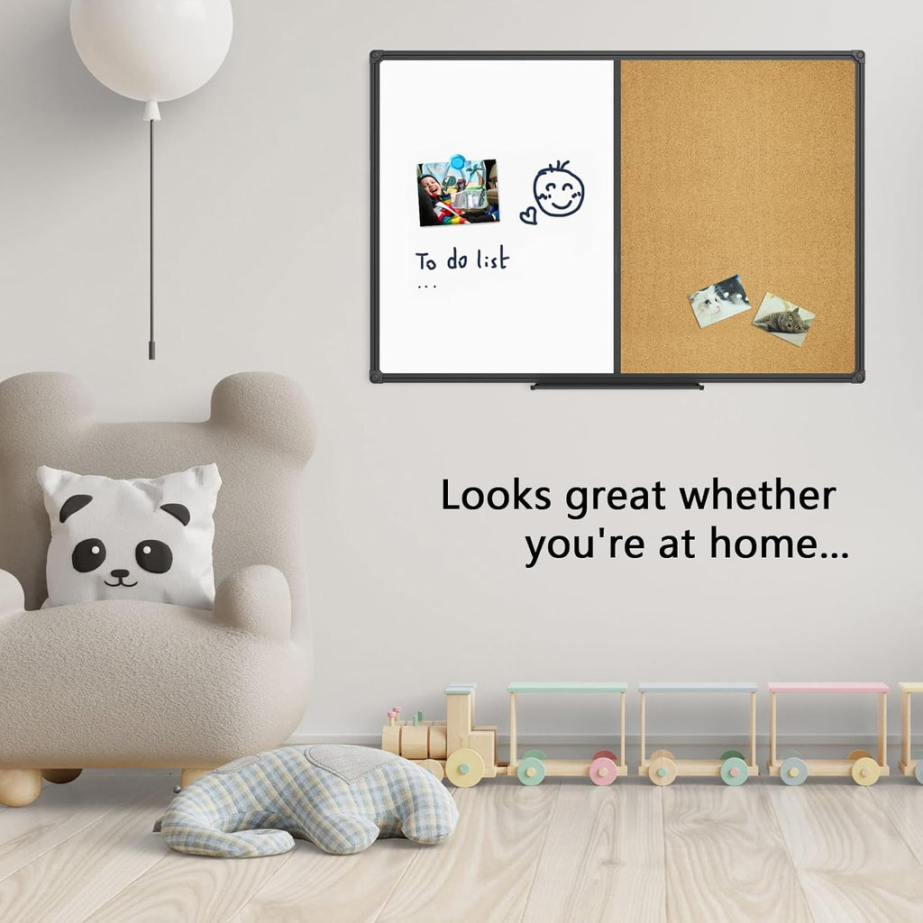 White Board & Bulletin Corkboard Combination, Combo Board 48 x 36 Magnetic Whiteboard, Black Aluminum Frame Wall