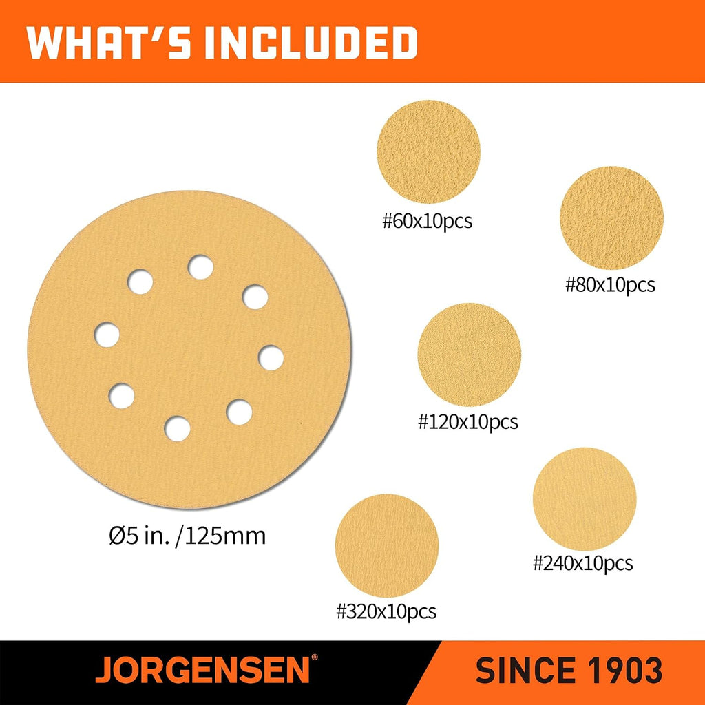 Jorgensen 50-Piece 5-Inch Premium Sanding Discs, 8-Hole Hook and Loop
