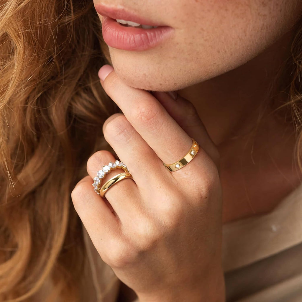 Stackable Gold Rings for Women - 3Pcs 18K Gold Plated Ring, Stainless Steel Cubic Zirconia Bands, Waterproof