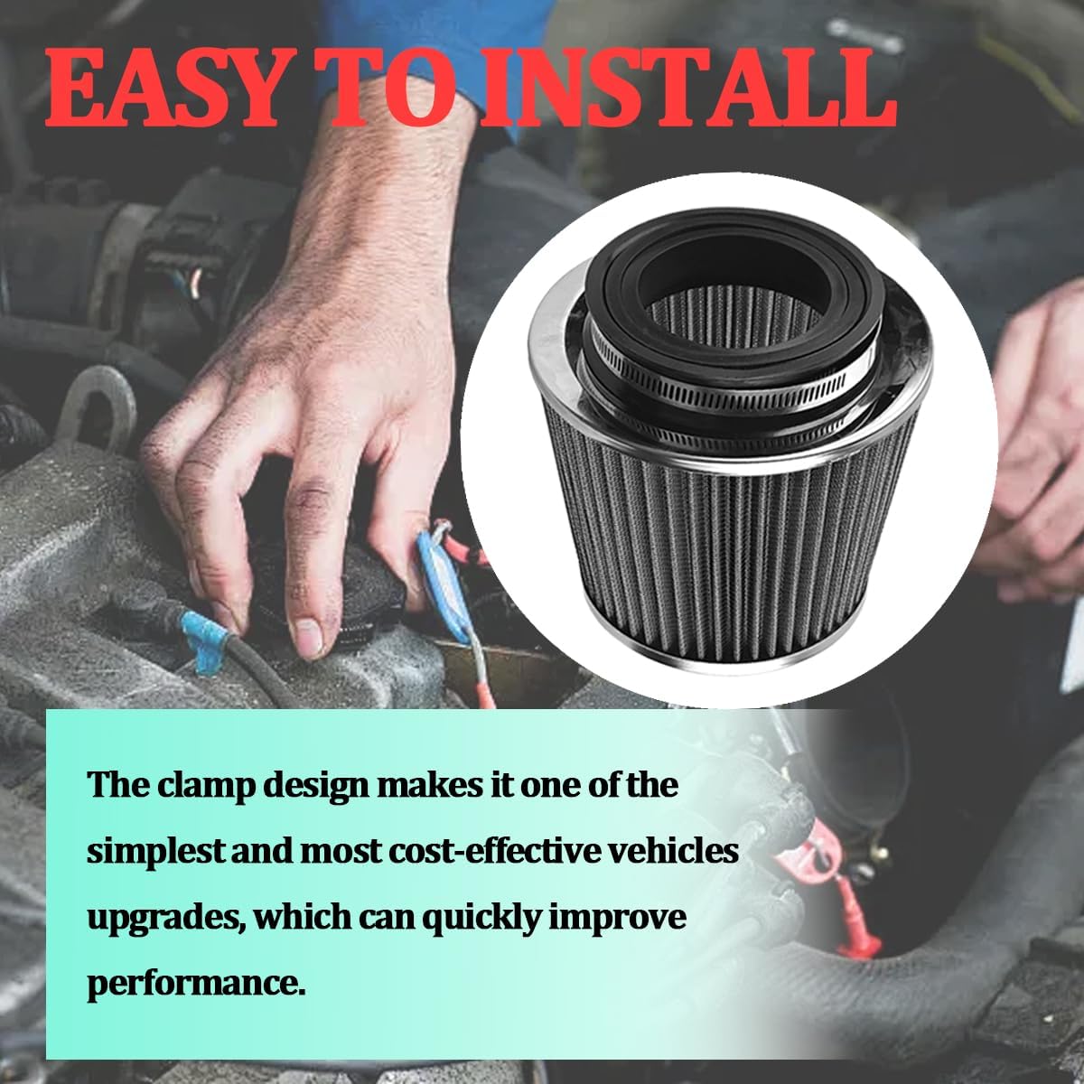 3/3.5/4 Inch Clamp-On Cone Air Intake Filter Kit, Silver