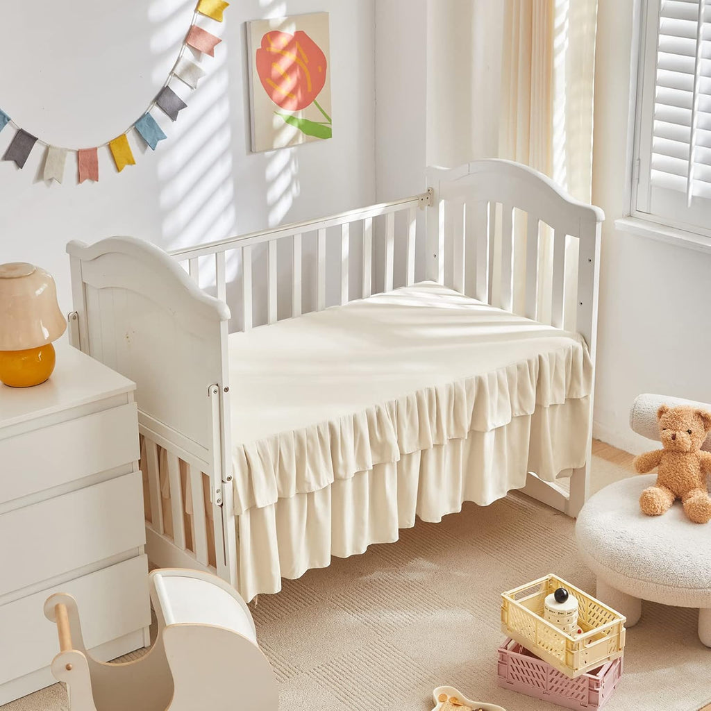 Tufted Ruffle Crib Bedding Set 3 Pieces Baby Boho Quilted Comforter with Fitted Sheet and Bed Skirt - Cute Ruffled