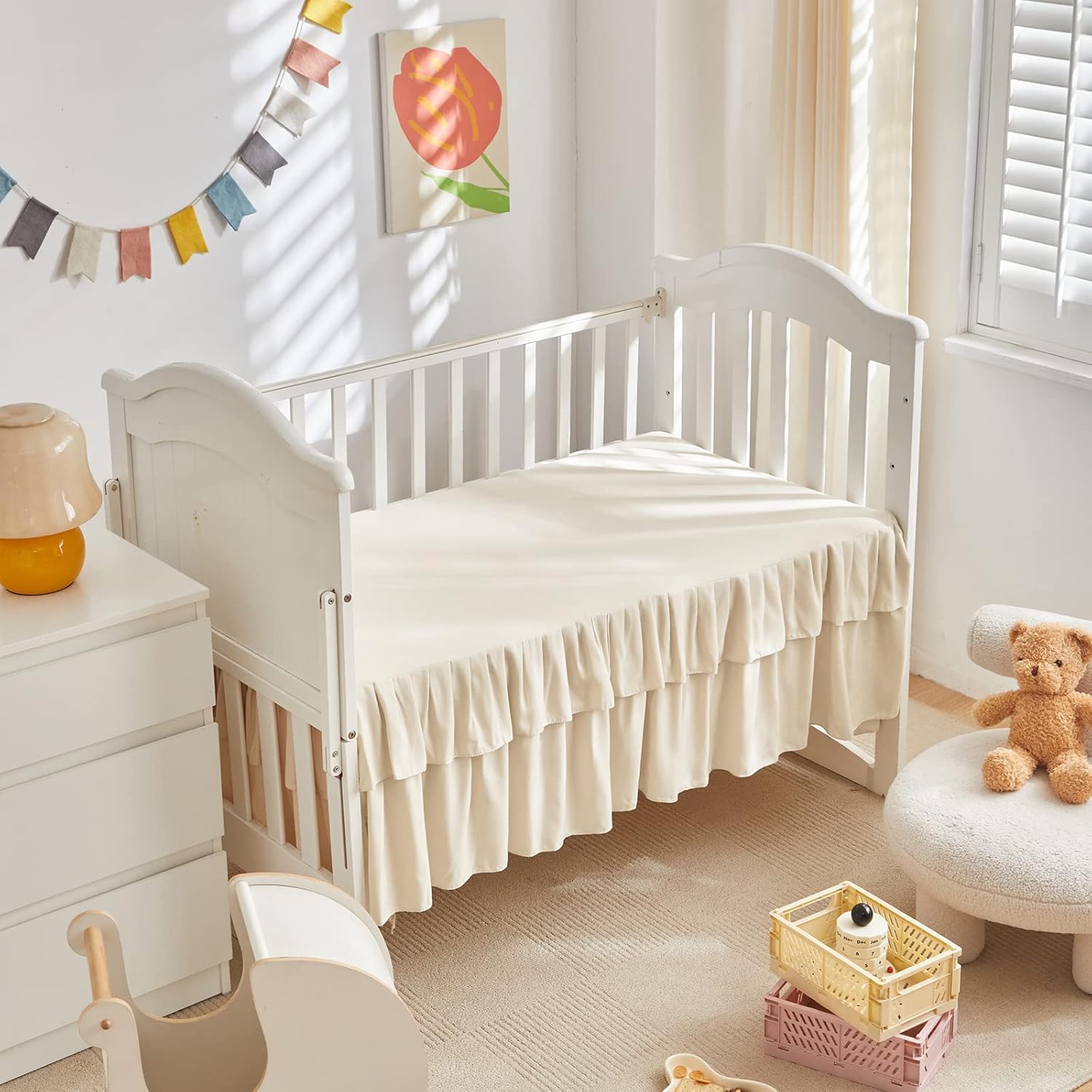 Tufted Ruffle Crib Bedding Set 3 Pieces Baby Boho Quilted Comforter with Fitted Sheet and Bed Skirt - Cute Ruffled