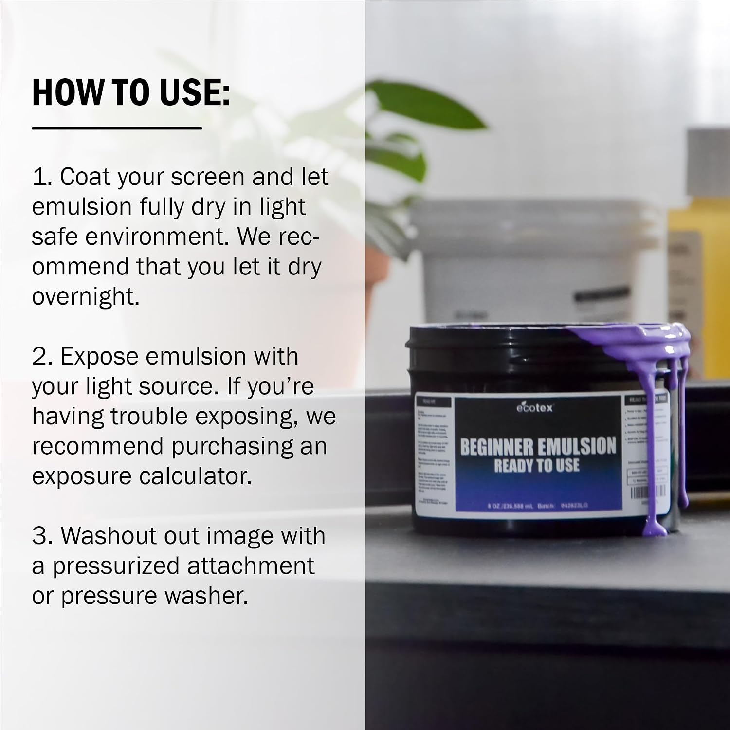 Ecotex Beginner Screen Printing Emulsion, Ready to Use Photo Emulsion 8oz | Premixed, Pre-Sensitized & Ready To Use
