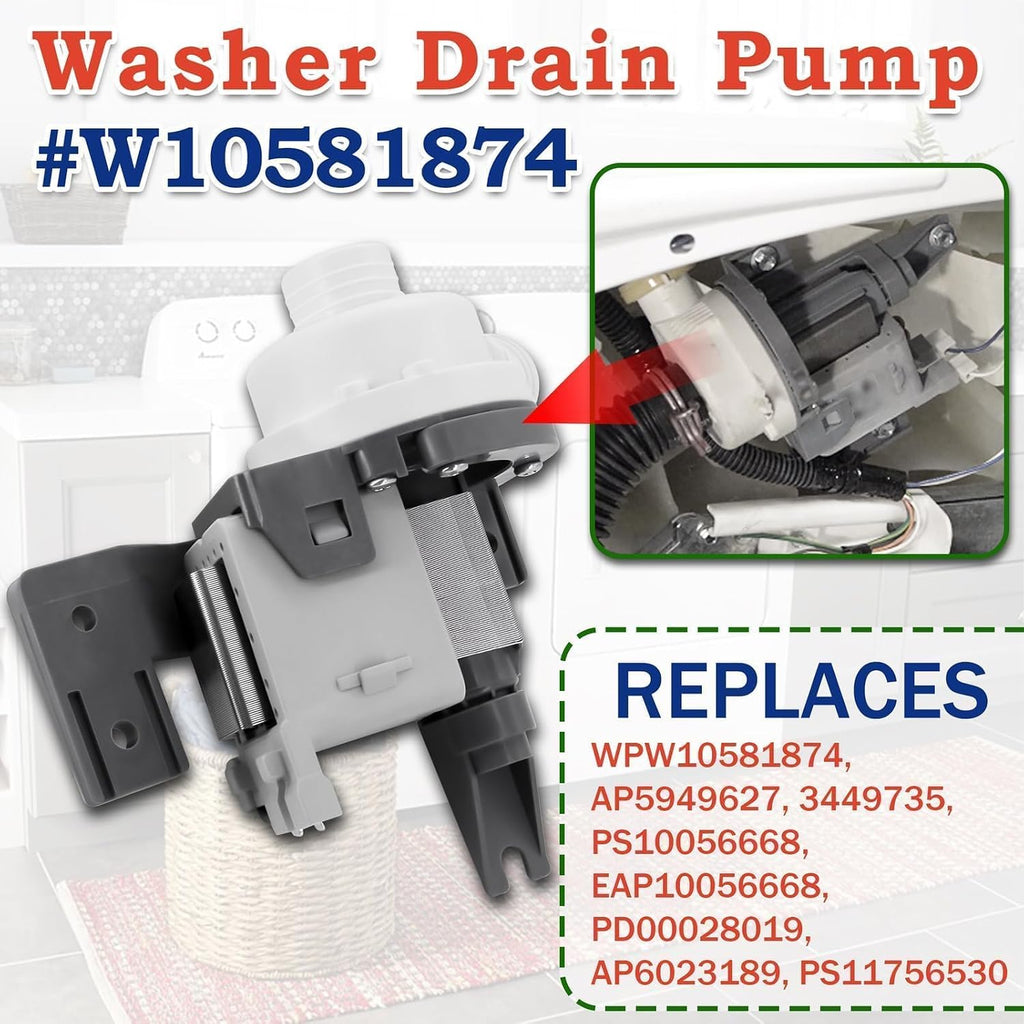 W10581874 WPW10581874 EAP10056668 Washer Drain Pump Replaces AP5949627 3449735 PD00028019 Fit for Whirl-pool May-tag Ken-more Washing Machine MVWB835DW0 MVWB855DC0 MVWC555DW0 WTW8500DR0 11025132410