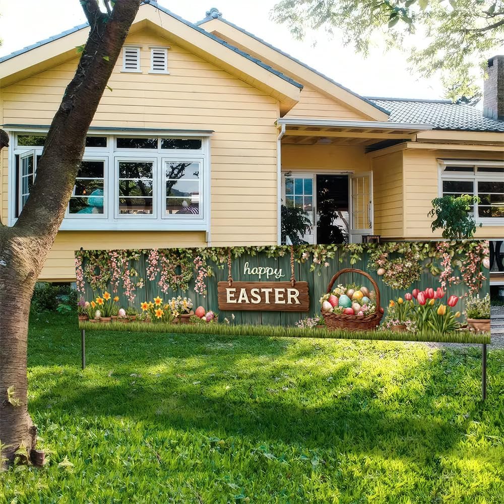 Easter Banner 78.74 x 17.72 Inch Rustic Wood Background with Hanging Floral Garlands Spring Flowers Decorative Eggs