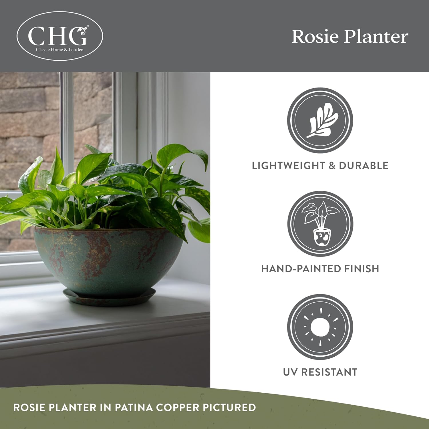 Classic Home and Garden by Growscape Rosie Modern Planter w/Drainage - Contemporary Planter Bowls - Shallow Round