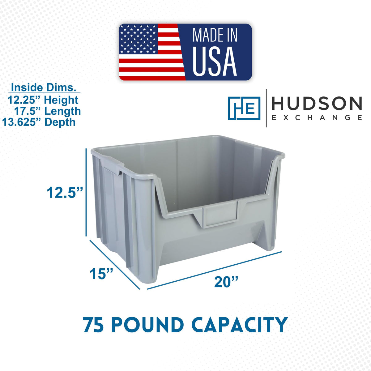 20" x 15" x 12.5" (3 Pack) Plastic Giant Stackable Hopper Bin, Gray