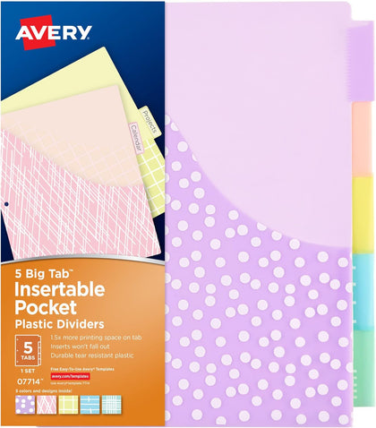 Dividers for 3 Ring Binders, 5 Tab Plastic Binder Dividers, Pockets, Insertable Big Tabs, Pastel Classic Designs