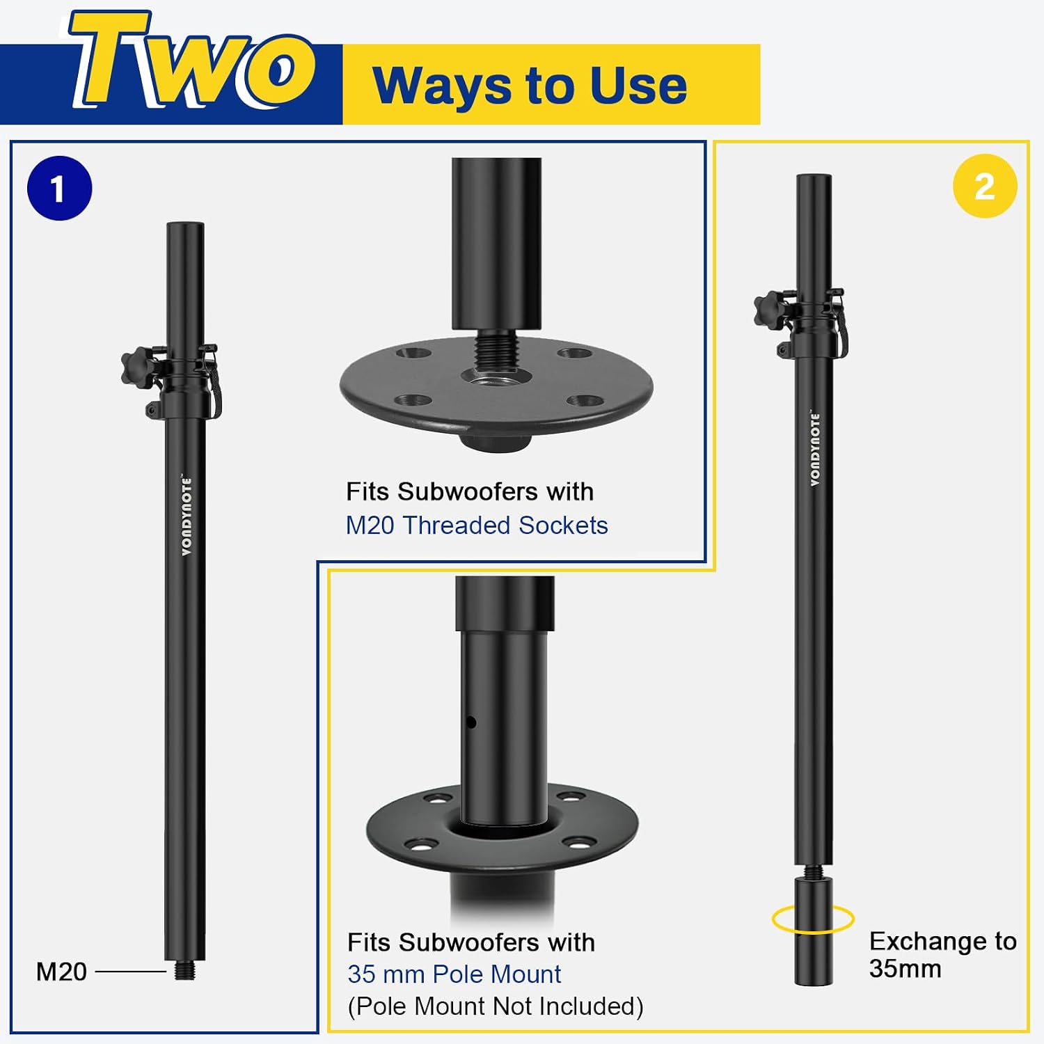 Set of 2 Subwoofer Poles Fit M20 or 35mm Mount, Speaker Extender | Height Adjustable Speaker Poles with 35mm Insert