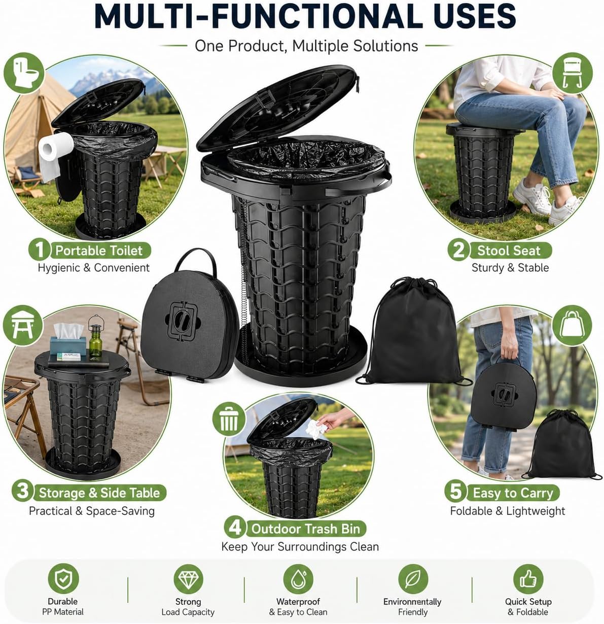 Upgrade Portable Toilet for Adults, Extra Large Seat Travel Potty with Bags & Carry Handle, 18.7" Tall Adjustable