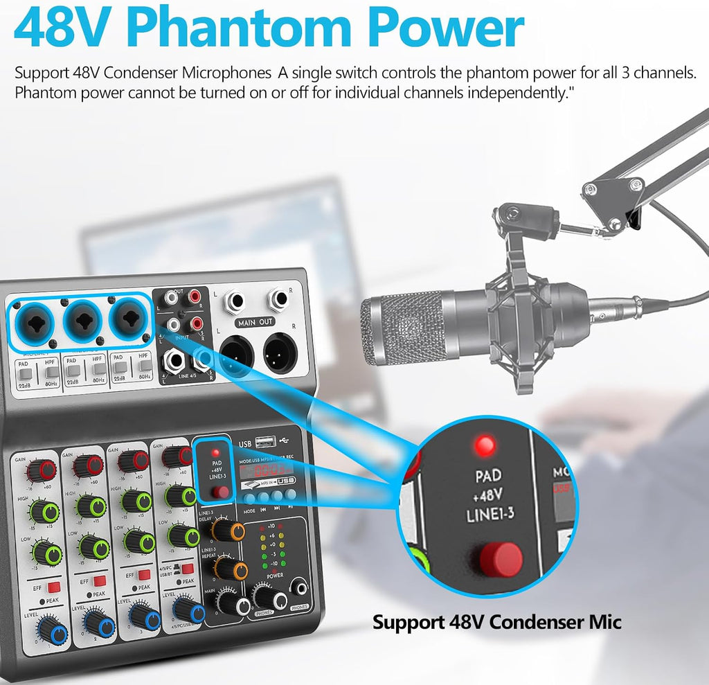 5 Channel Audio Mixer, Built-in PC Recording Interface Sound Board | 48V Phantom Power, Bluetooth&USB Playback, Echo