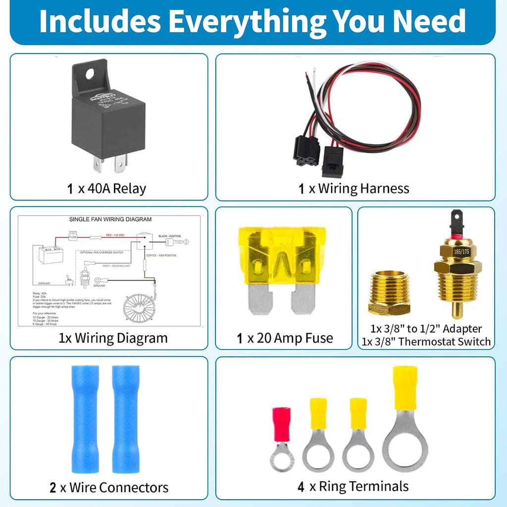 Electric Fan Relay Kit 40 AMP Automotive Relay Thermostat Switch Kit for Radiators Fans Temperature Sensor Switch 185