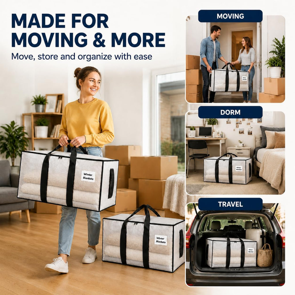 Moving Bags with Handles, 4 Pack Large Storage Bags for Moving, Heavy Duty PP Clothes Storage Bags with Zipper