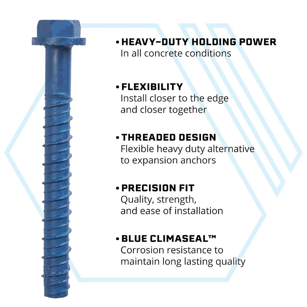 + 3/8 x 3 Inch Heavy-Duty Hex Head Concrete Anchors, 2 PCS, Corrosion Resistant Blue Climaseal Coating, Outdoor Rated