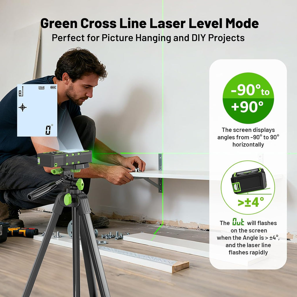3-in-1 Laser Measuring Tool, 400Ft Laser Measure & 33Ft Green Cross Line Laser Level & 6.5Ft Tape Measure